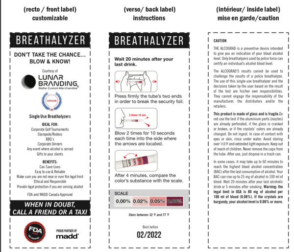 Lunar Branding® Single Use Breathalyzer